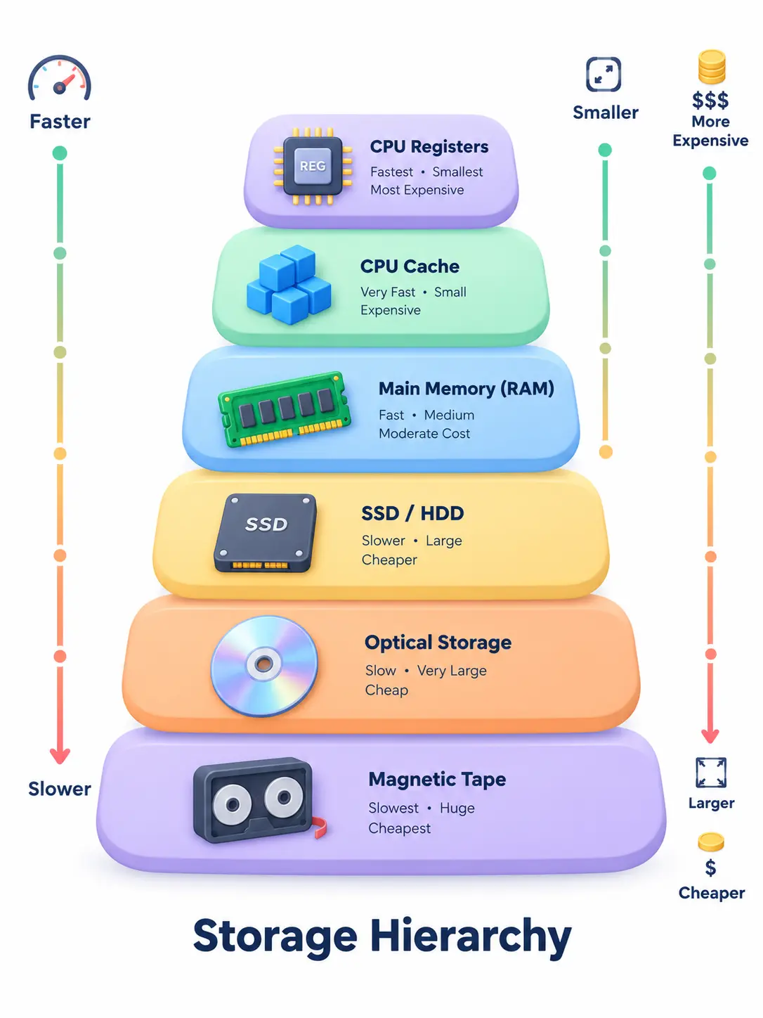 Memory hierarchy diagram showing Registers, Cache, Main Memory, Electronic Disk, Magnetic Disk, Optical Disk, and Magnetic Tapes from fastest/smallest to slowest/largest